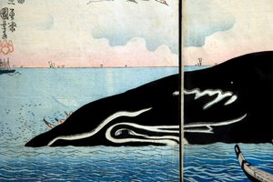 Emberek tömege egy elfogott bálna körül alkotó: Utagawa Kuniyoshi
