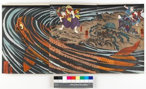 Triptichon, Oniwaka-maru-t (a leendő Musashibo Benkei) ábrázolja, aki éppen meg akarja támadni az anyját felfaló óriáspontyot, 1845 körül (színes fanyomat) alkotó: Utagawa Kuniyoshi