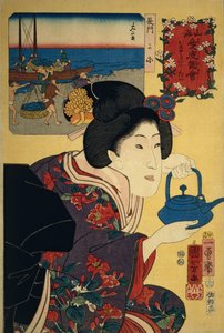 Pincérnő szaké vízforralóval, Nagato stranddal a képen a háttérben alkotó: Utagawa Kuniyoshi