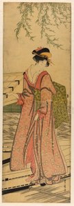 Fiatal nő kilép a csónakból alkotó: Utagawa Toyohiro