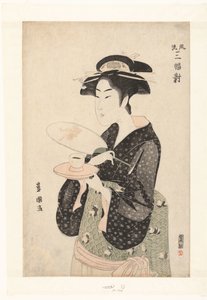 Okita pincérnő portréja. Elegáns szépségek triptichonja Furyu sampukutsui (cím a tárgyon) alkotó: Utagawa Toyokuni (I)