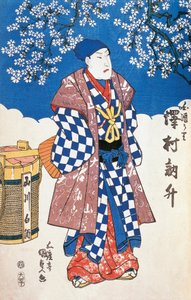 Japán színész kimonóban, almavirággal díszített háttérben, Utagawa Toyokuni, fametszet alkotó: Utagawa Toyokuni