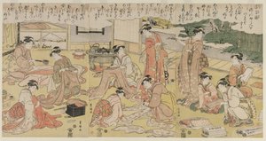 Ruházat készítő nők alkotó: Utagawa Toyokuni