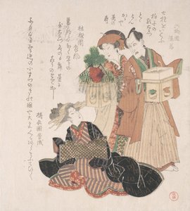 Nakamura Utaemon színész két nővel, akik az újévi szertartásra készülnek, 19. század. alkotó: Utagawa Toyokuni I