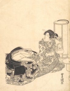 Courtesan vagy színész, mint udvarhölgy teát öntő lámpás fényénél. alkotó: Utagawa Toyokuni I
