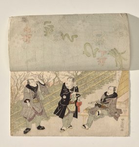 Kabuki-színpad függönyemeléssel, hogy felfedje a három kabuki-színészt alkotó: Utagawa Toyokuni I