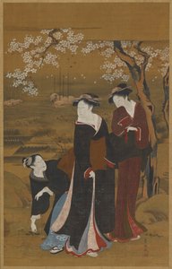 Három nő egy virágzó cseresznyefa alatt a tengerparton, 1769-1825. alkotó: Utagawa Toyokuni I