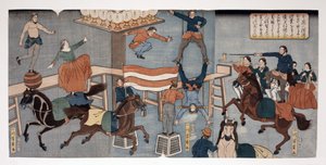 Külföldi cirkusz Yokohamában, kocsma. (1864 (kézzel színezett fametszet)