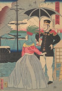 Vitorlák visszatérése a rakparton [amerikai pár], 1861, 1. hónap. alkotó: Utagawa Yoshitora
