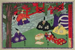 Jelenet egy kabuki színdarab 1. felvonásából, a „Kanadehon Chushingura”, a bosszúról szóló mese az 1703-as negyvenhét ronin eseményen alapul, 1870 körül (színes fatömbnyomat)
