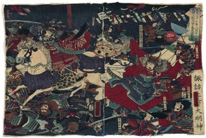A nagy csata Kawanakajima par Yoshitorában, Utagawa (aktív 1850-1880). Színes fametszet, méret: 23x35, c. 1870, Van Gogh Múzeum, Amszterdam alkotó: Utagawa Yoshitora