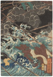Tametomo homare no jukketsu (Tametomo tíz híres kiválósága), 1858 körül (fametszet) alkotó: Utagawa Yoshitsuya