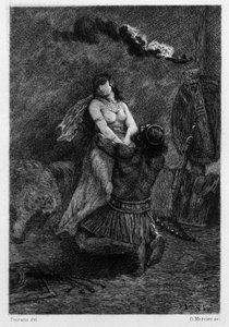 Térden feküdt, a földön, előtte. Illusztráció: V.A. Poirson (1890) Gustave Flaubert „Salammbo” című regényéhez, amely az első pun háború idején (i.e. 246-241) a rómaiak és Karthágó közötti zsoldosháborút veszi keretként.