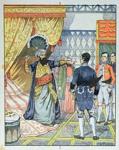 Az algíri Dey, Hussein ibn El Hussein megüti M. Deval francia nagykövetet egy legyezővel, 1827. április 27., iskolai tankönyv borítója, 1891