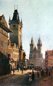 Staromestsky Rynk kilátása a városházával és a Tyn előtti Szűzanya templommal, a "Stara Praha"-ból (Régi Prága) 1900 körül (színes litó)