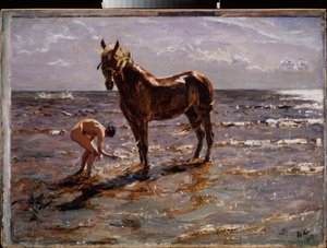 A ló fürdője. (Meztelen fiatalember lovat fröcsköl, másik két alak kiszalad a tengerre). Valentin Alekszandrovics Szerov (1865-1911) festménye, olaj, vászon