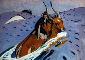 Európa elrablása. A gyönyörű föníciai hercegnő a bikává átalakult Zeusz hátán fekszik, aki a tengerbe viszi, delfinekkel körülvéve. Valentin Alekszandrovics Szerov (1865-1911) festménye, olaj, vászon