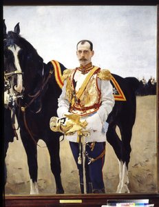 Alekszandrovics Pál orosz nagyherceg (1860-1919) portréja. (Pál Alekszandrovics orosz nagyherceg arcképe). Az orosz birodalmi hadsereg lovasságának tisztjének egyenruhájában, a lova közelében. Valentin Alekszandrovics Szerov festménye ( alkotó: Valentin Aleksandrovich Serov