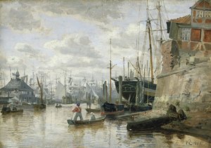 A gerendaház Hamburg kikötőjében, 1848 (olaj, papír a fedélzeten)