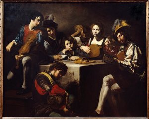 Az alacsony megkönnyebbülés koncert. A zenészek egy faragott oltár körül gyűltek össze. Valentin de Boulogne (1591-1632) festménye. Homályos. 1,73 X 2,14 m.