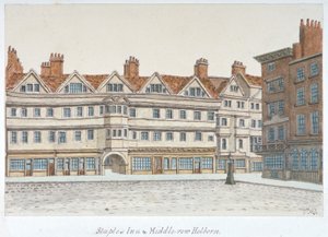 Kilátás a Staple Innre és a Middle Row épületeire Holborn központjában, London, 1850.