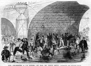 a halásznak van a zsinór a párizsi kilences híd alján 1868-ban az alacsony vízállás idején. Desroches - Valnay rajza. alkotó: Valnay Pere et fils