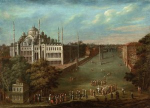 A nagyvezír körmenete a Hippodrome téren az Ahmed szultán mecsettel, 1737