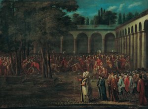 A nagyköveti küldöttség áthalad a Topkapı-palota második udvarán, 1720-as évek