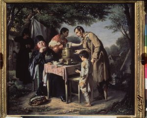 Teát iszik Mytishchiben (Mytischi), Moszkva közelében. (Ortodox szerzetesek teát isznak a kertben, nyomorék és nyomorgó gyerek koldul, egy szolgálólány ellökte magától.) Vaszilij (Vaszilij) Grigorjevics Perov (1834-1882) festménye, olaj, vászon alkotó: Vasili Grigorevich Perov