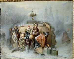 Sor a szökőkútnál. A tél közepén a város lakói hideg szélben és ködben várják a sorukat, hogy megtöltsék ivóvízzel a vödrüket. Vaszilij (Vaszilij) Grigorjevics Perov (1834-1882) festménye, olaj