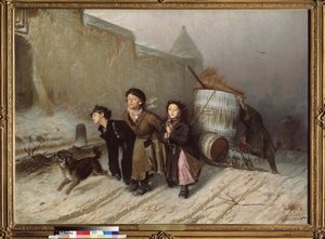 Trojka (Szánkó). Tanoncok vizet hoznak. (Télen utca). Vaszilij (Vaszilij) Grigorjevics Perov (1834-1882) festménye, olaj, vászon
