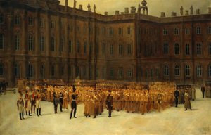 insurrection decembriste ou Insurrection decabriste (1825) - I. Miklós az Életőrző Helyi Mérnöki Zászlóalj egységalakítása előtt a Téli Palota udvarában december 14-én par Maxutov, Vaszilij Nyikolajevics (1826-1886). Olaj, vászon, méret alkotó: Vasili Nikolayevich Maxutov