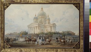 Felvonulás a szentpétervári Szent Izsák-székesegyház előtt. Vaszilij Szemjonovics Szadovnyikov (1800-1879) munkája, akvarell papíron alkotó: Vasili Semenovich Sadovnikov