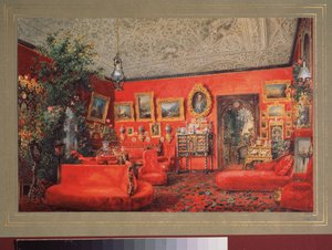 A vörös nappali a Jusupov-palotában Szentpéterváron. Vaszilij Szemjonovics Szadovnyikov (1800-1879) munkája, akvarell papíron. orosz művészet alkotó: Vasili Semenovich Sadovnikov