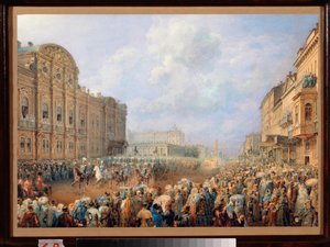 Felvonulás a Néva sugárúton (Nevsky Prospect) a Beloselsky-palotában, a Belozersky-ben. (Szentpétervár). Vaszilij Szemjonovics Szadovnyikov (1800-1879) munkája, akvarell papíron alkotó: Vasili Semenovich Sadovnikov