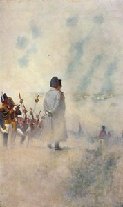 Bonaparte Napóleon áll katonái között Moszkva előtt (színes lithó)
