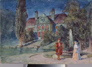 Előkészítő dekoráció, kert a ház előtt Modeste Muszorgszkij (1839-1881) "Borisz Godunov" című operájához - Modeste Muszorgszkij Borisz Godunov című operájának színpadterve - Vaszilij Dmitrijevics Polenov (1844-1927) munkája , akvarell és gouache alkotó: Vasilij Dmitrievich Polenov
