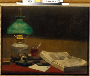 ""Nature morte"" (Csendélet) Könyv, asztali lámpa, poharak és csésze tea - Vaszilij Polenov festménye (1844-1927) Olaj, vászon Mérete 61,3x79,3 cm Regionális Művészeti Múzeum, Lugansk alkotó: Vasilij Dmitrievich Polenov