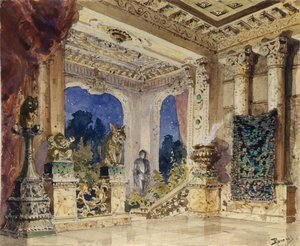 Színpadterv N. Krotkov A skarlát rózsa című operájához, 1884 alkotó: Vasilij Dmitrievich Polenov