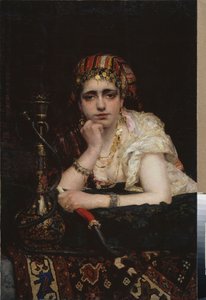 Egy odaliszk. (Hárem nő portréja, melankolikus tekintettel, kezében vízipipa). Vaszilij Dmitrijevics Polenov (1844-1927) festménye, olaj, vászon. 19. századi orosz művészet, orientalizmus. A Fehérorosz Köztársaság Nemzeti Művészeti Múzeuma, Minszk (Bieloru alkotó: Vasilij Dmitrievich Polenov
