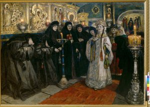 A nagyhercegnő kolostorba látogat. (Tsarevna kolostorba látogatott). Vaszilij Ivanovics Szourikov (Vaszilij Szurikov vagy Vaszilij Surikov) festménye (1848-1916), olaj, vászon alkotó: Vasilij Ivanovic Surikov
