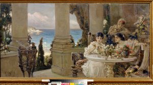 Sur la terrasse - Peinture de Vassili (Vasili, Vasilii, Wilhelm) Alexandrovich Kotarbinsky (Kotarbinski, Kotarbinskii) (1849-1921), huile sur toile - A teraszon, Olaj, vászon, Vaszilij Alekszandrovics Kotarbinszkij - Regionális Művészeti Múzeum, Kirovohrad alkotó: Vasily Alexandrovich Kotarbinsky