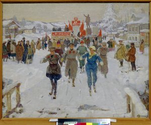 A Vörös Hadsereg egy kolhozba látogat. Egyenruhás katonák síelnek egy faházas falu utcáin, fiatal nők kíséretében, a vörös zászlókkal feldíszített pódium mellett összegyűlt lakók pillantása alatt. festése alkotó: Vasily Nikolaevich Kostyanitsyn