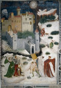 Január hónap: havas táj arisztokratákkal és vadászokkal. Az arisztokraták hógolyókat játszanak, míg a vadászok kutyáikkal vadásznak. Alul a Castello di Stenico kastély és egy kulcsos ember készen áll az erődajtó kinyitására. Festmény a Mas