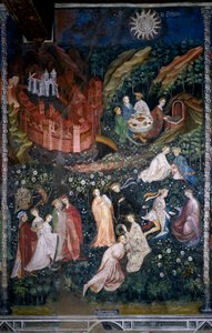 Május hónap: fiatal arisztokrata párok és hölgyek a rózsakertben (rózsakertben). A szerelem és a béke jelenete rózsák között. Az asztal alján az emberek étkeznek, és forrásvizet isznak egy szökőkútból. A jobb oldalon egy erődített város látható