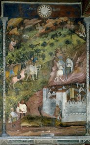 November hónap: téli tevékenységek. A sertéstenyésztők visszamennek a városba, a vadászok pedig medvevadászni. A Hónapok Mestere vagy Vencel mester festménye (Maestro dei Mesi vagy Maestro Wenceslao olaszul, XV. század eleje) Marce restaurálása