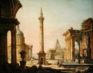 Képzeletbeli kilátás oszlopos emlékművel (olaj, vászon) alkotó: Venetian School