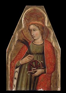 Alexandriai Szent Katalin (Szent Katalin). Velencei mester festménye. Tempera fán, 26 x 16,5 cm, 14. század második fele. Velencei művészet, olasz gótikus művészet. Magángyűjtemény. alkotó: Venetian School