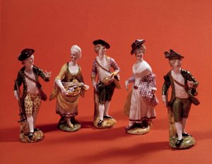 Alakokat ábrázoló kis figurák (vadász, menazsér, magas rangú hölgy...) Porcelán szobrocskák a 18. századi velencei iskolából. Párizs, dekoratív művészet alkotó: Venetian School