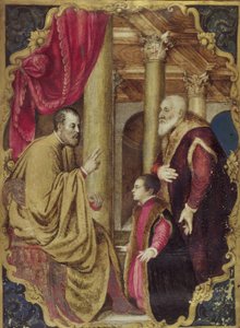 A velencei szenátor vagy dózse bemutatja fiát védőszentjének (a táblán olaj, papír van lerakva) alkotó: Venetian School